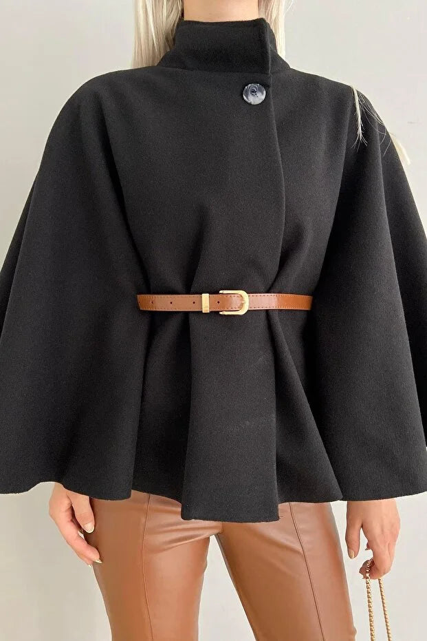 Hakim Yaka Kemer Detaylı Kaşe Siyah Panço