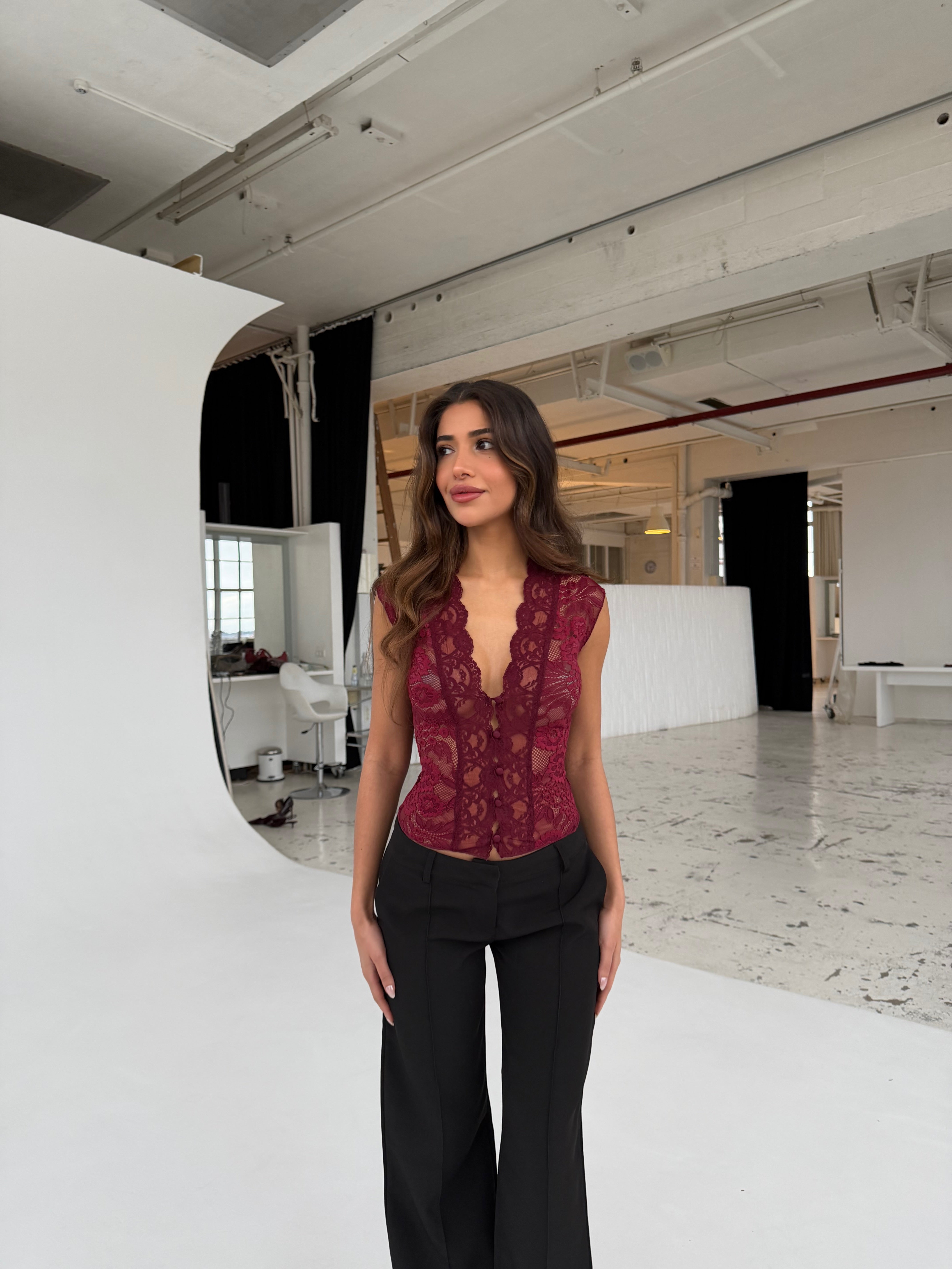 Pretty Luna dantelli tişört – Bordo