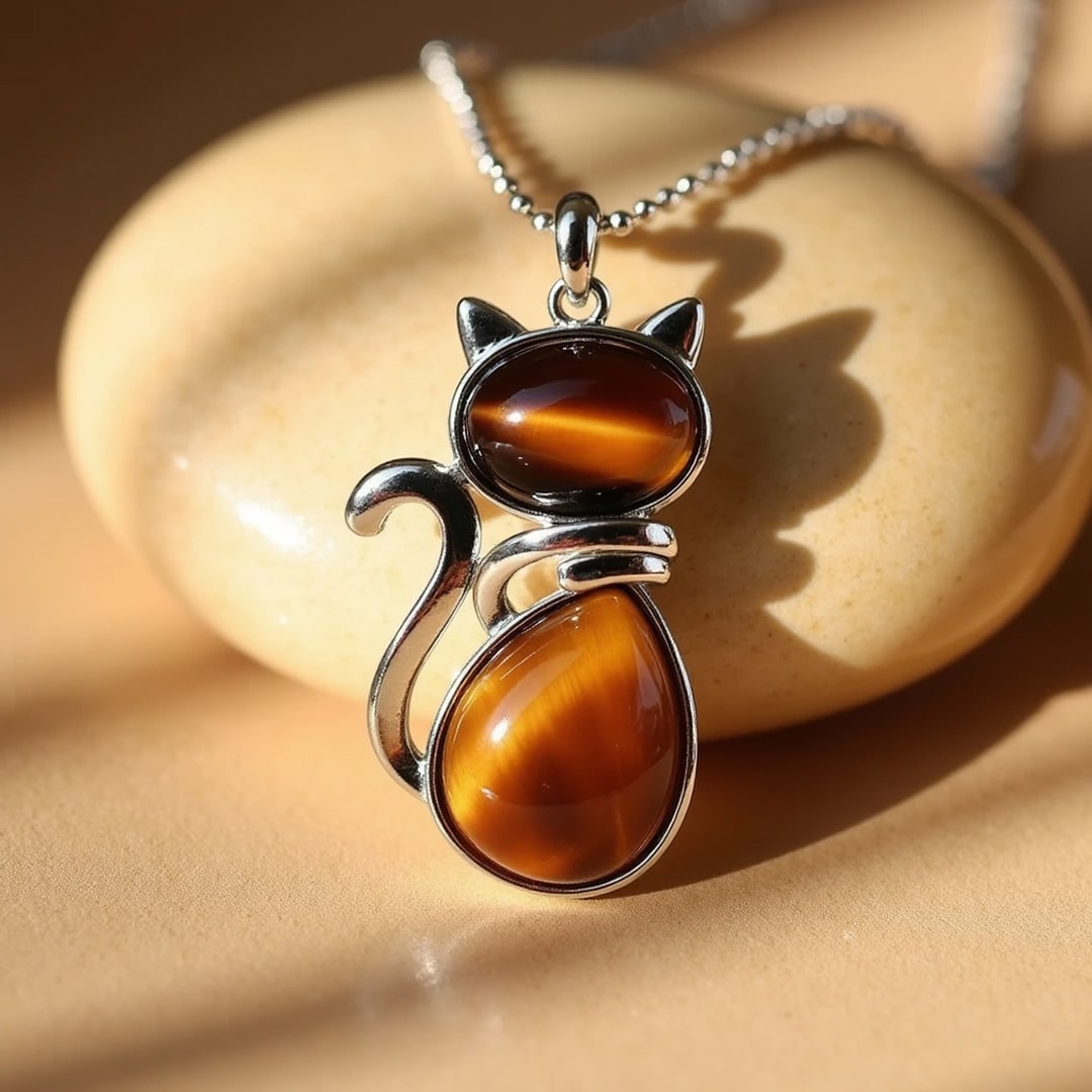 Pendentif Chat en Pierre Naturelle - Oeil de Tigre - L'Arbre des Chakras