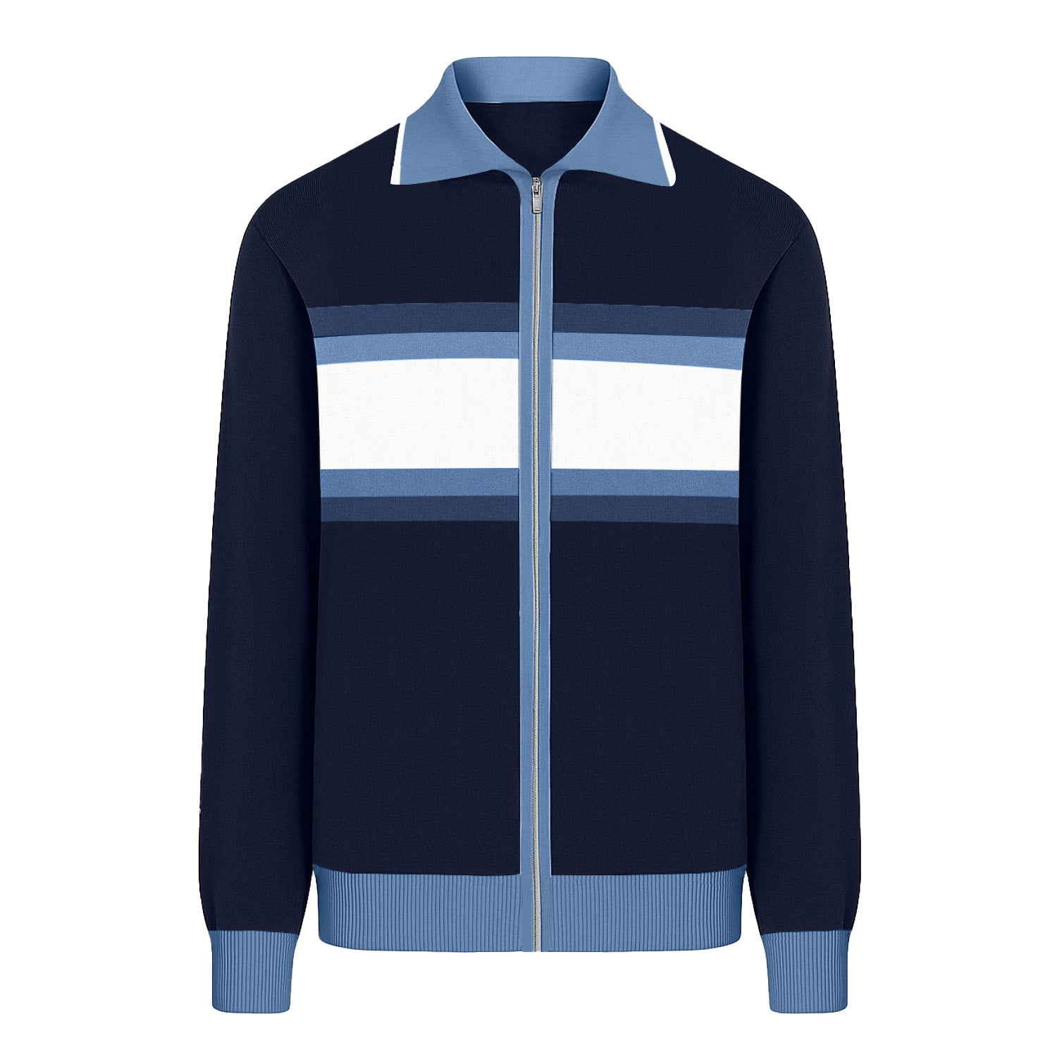 Mavi sanat vintage jakarlı çizgili örgü hırka