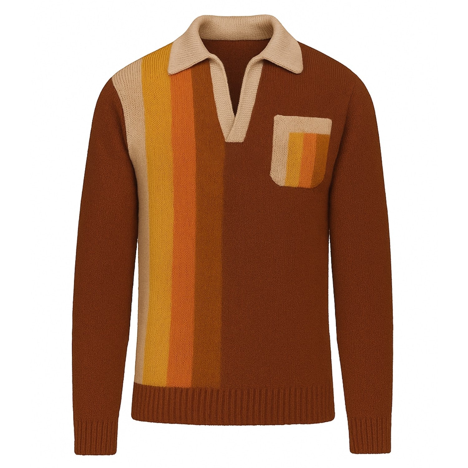 Kahverengi çizgili cepli V yaka örme polo gömlek