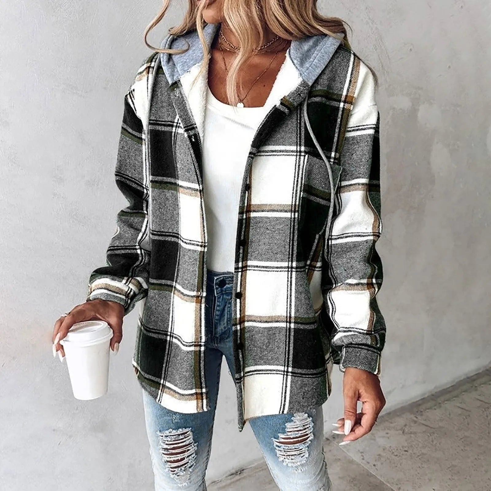 Kare Desenli Kapüşonlu Overshirt