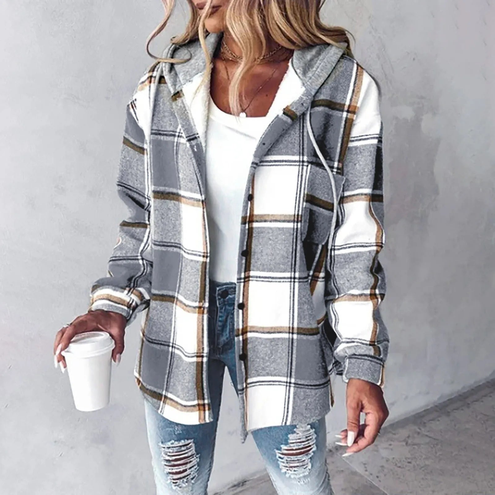 Kare Desenli Kapüşonlu Overshirt