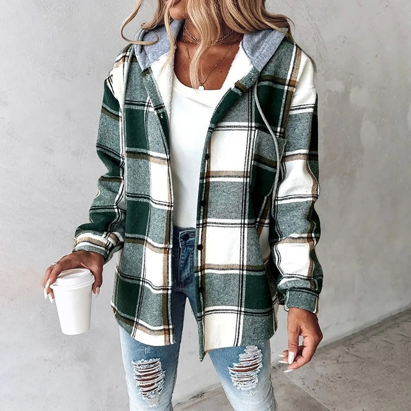 Kare Desenli Kapüşonlu Overshirt