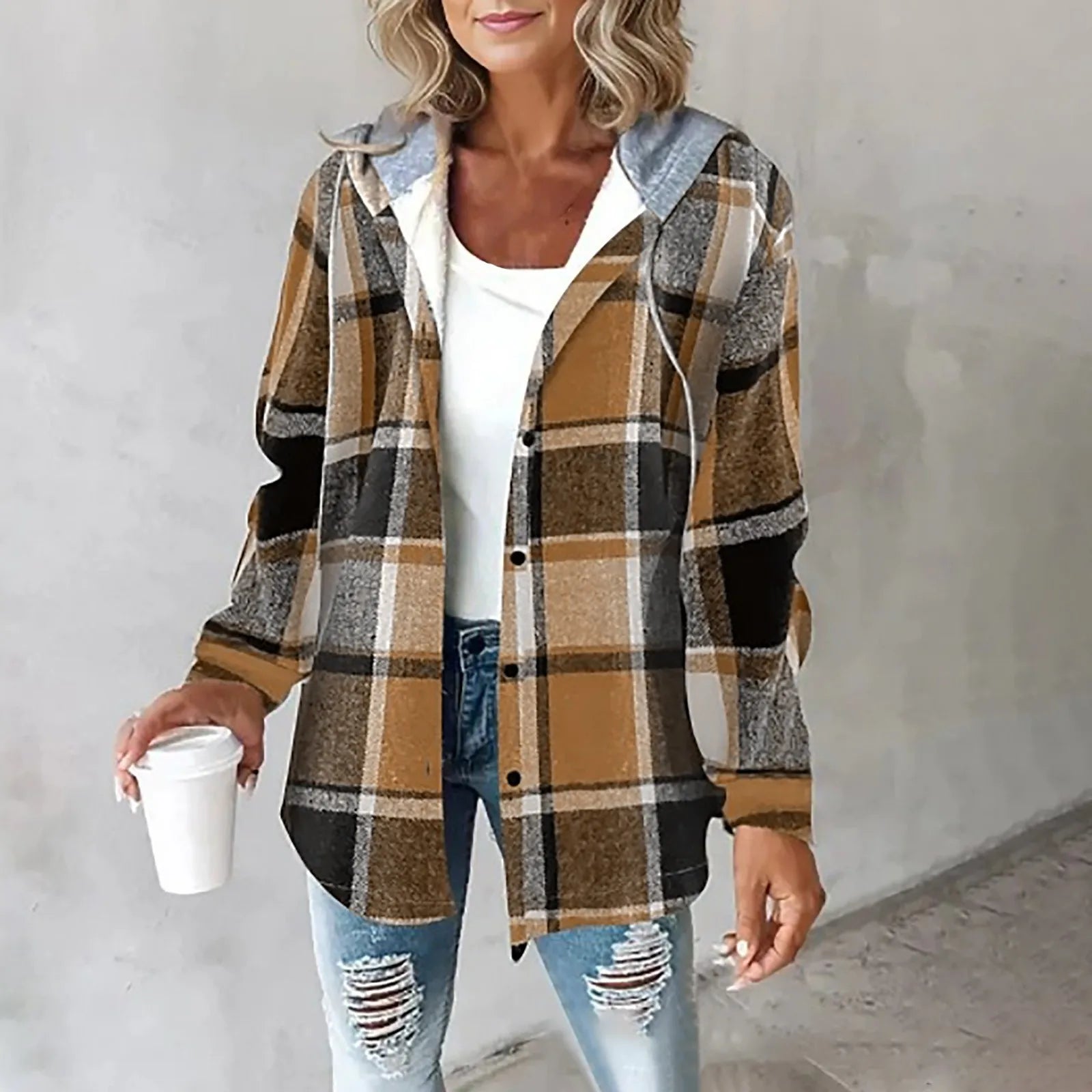 Kare Desenli Kapüşonlu Overshirt