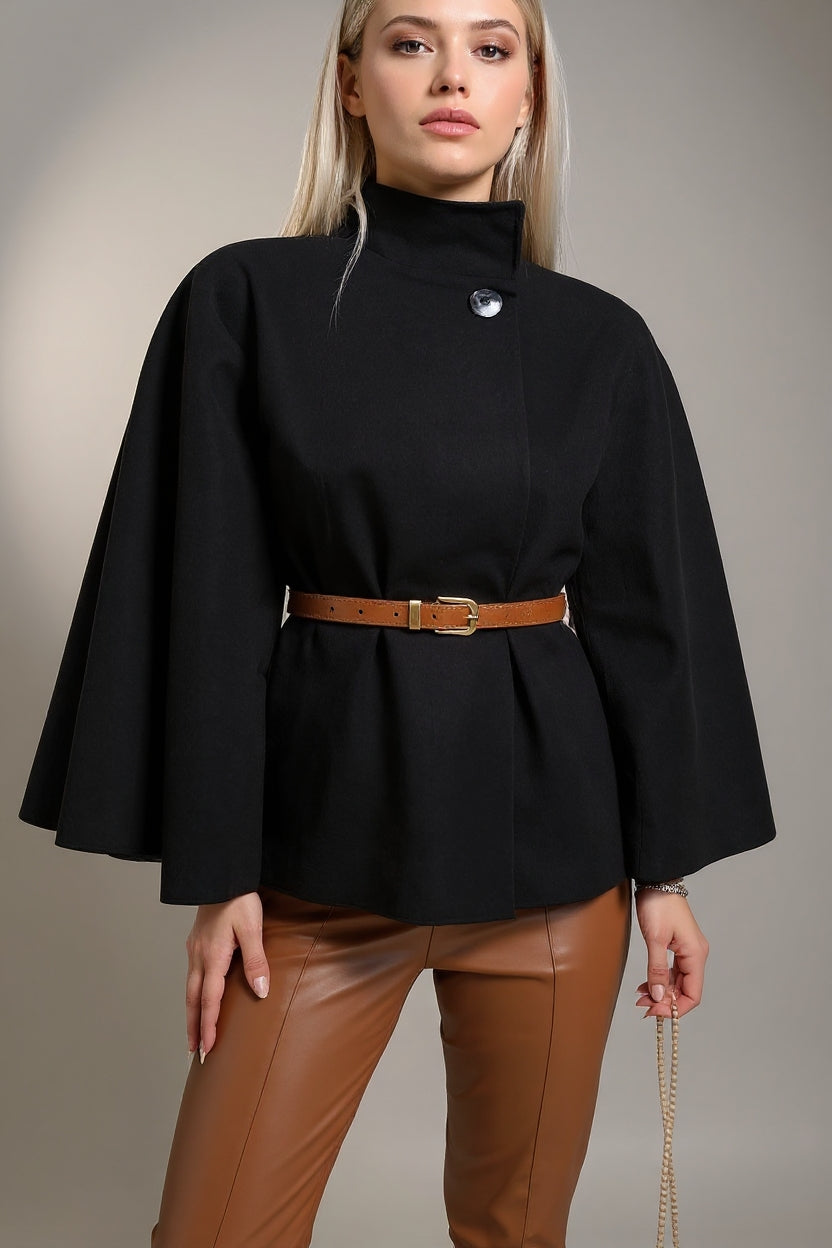 Hakim Yaka Kemer Detaylı Kaşe Siyah Panço