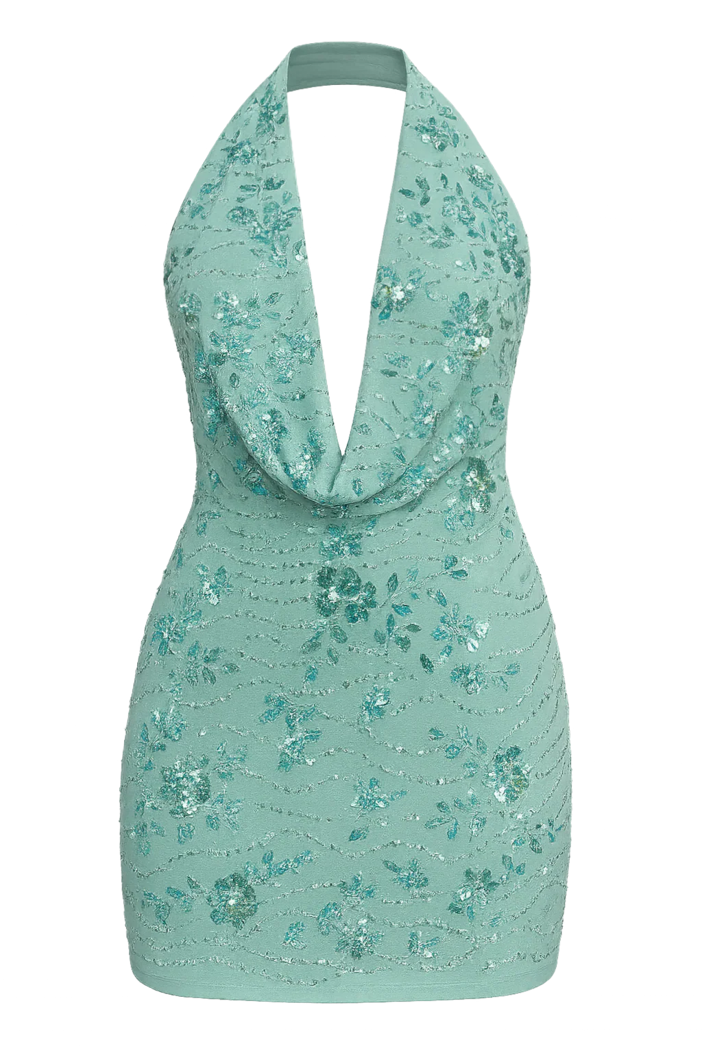 Pul İşlemeli Cowl Yaka Mini Elbise