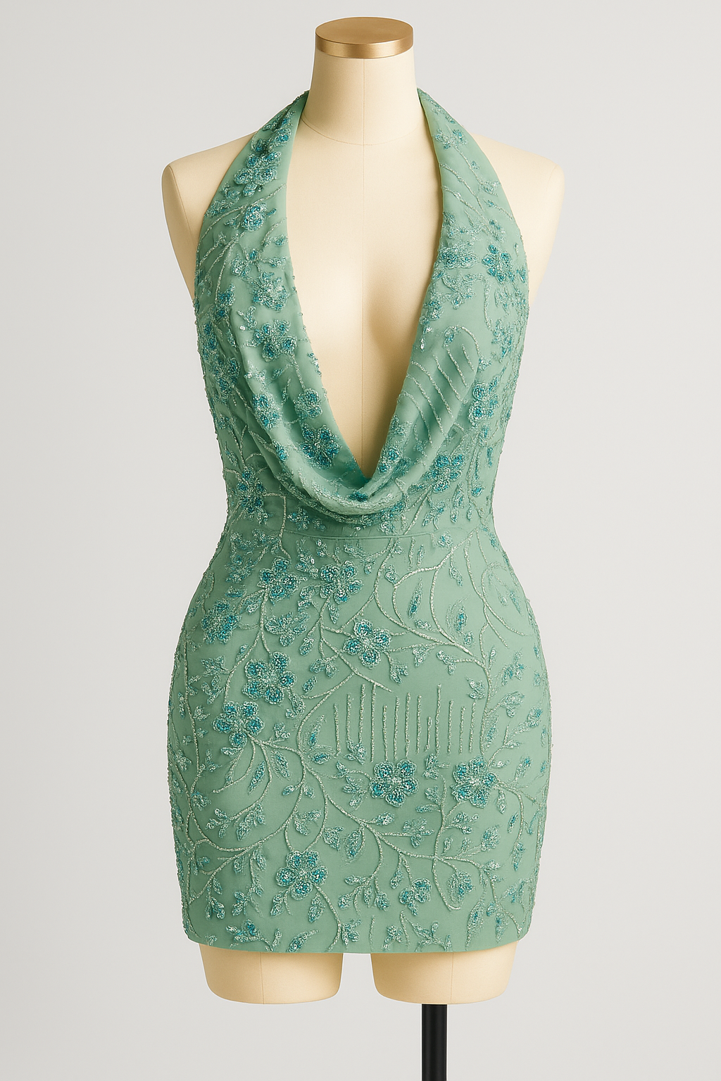Pul İşlemeli Cowl Yaka Mini Elbise