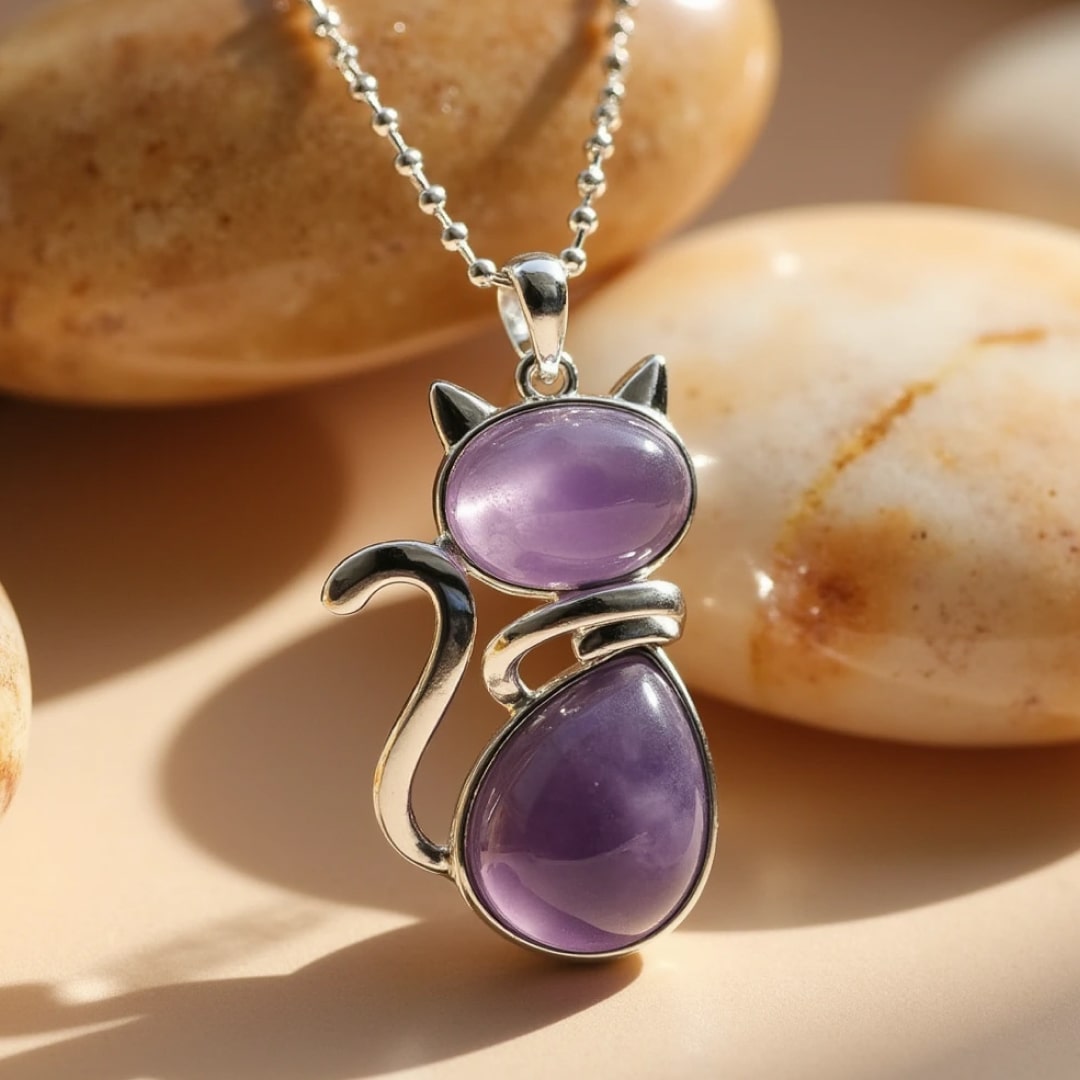 Pendentif Chat en Pierre Naturelle - Améthyste - L'Arbre des Chakras