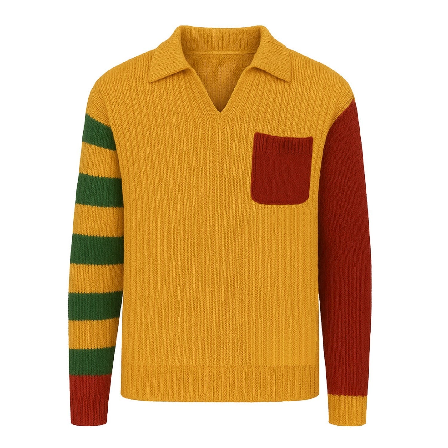 Renk uyumlu vintage örgü cepli V yaka polo